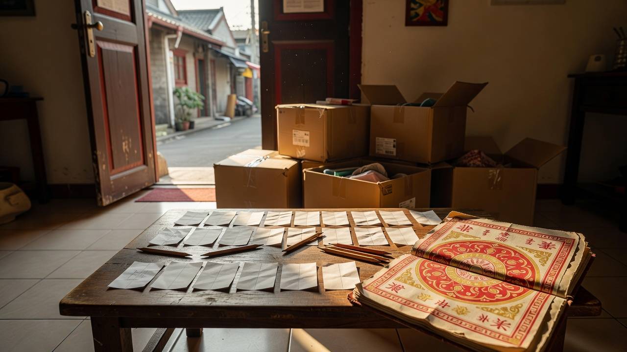 先分組辨認字形,再學兩組如何配對 天干地支學習情境:桌上兩排分組筆記卡與鉛筆,示意天干和地支分開記憶,不呈現細小文字
